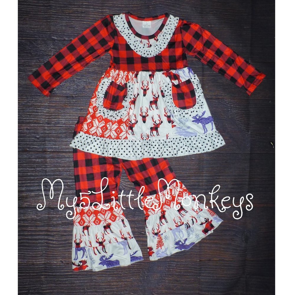 Boutique Christmas Moose Girls Tunic Dress Outfit Set